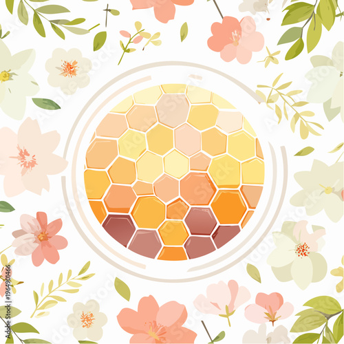 Honeycombs inside a floral frame with delicate flowers islamic background
