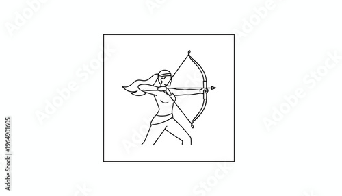 Archer Woman Silhouette Drawing, Focused Archer Aiming Bow and Arrow, Dynamic Action Pose
