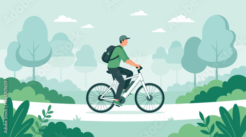 Man with backpack riding a bicycle on a park path, outdoor eco friendly transportation, healthy lifestyle flat vector illustration