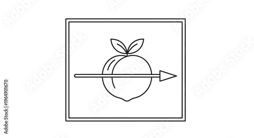 Arrow piercing a peach fruit, symbolizing health, diet, and healthy eating