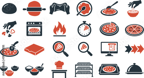 A comprehensive collection of red and black flat icons illustrating the complete pizza making process.