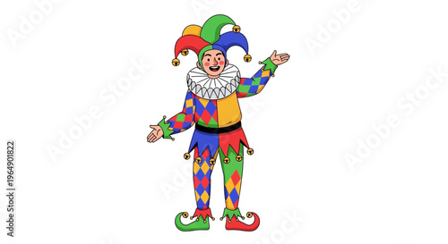 A colorful jester character wearing a multicolored jester's hat and outfit, gesturing playfully against a clean white background with a joyful and festive mood