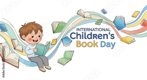 A cheerful cartoon boy reading a book surrounded by colorful books and ribbons on International Children's Book Day with illustrations and vector design elements.