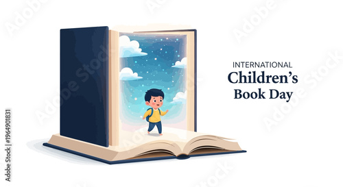 Illustration of a child stepping out of an open book on International Children's Book Day with a dreamy background.