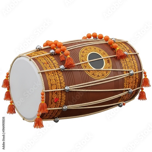 Traditional indian drum adorned with decorative orange tassels and intricate patterns