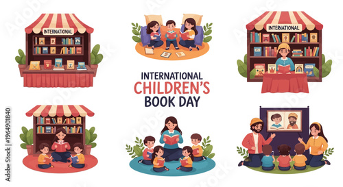 Illustrations of children reading books and engaging in literacy activities on International Children's Book Day with colorful vector designs.