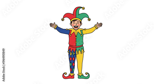A colorful jester character with a playful expression stands with arms outstretched in a fun, cartoon-style illustration for April Fools Day or kids content