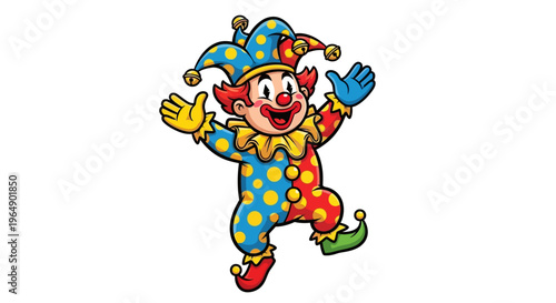 A colorful cartoon clown jester mascot with a joyful expression, wearing a blue and yellow polka-dot costume, enthusiastically gesturing with raised hands in a playful prankster pose
