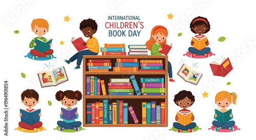 Vector illustration of children reading books around a bookshelf on International Children's Book Day with colorful design elements.