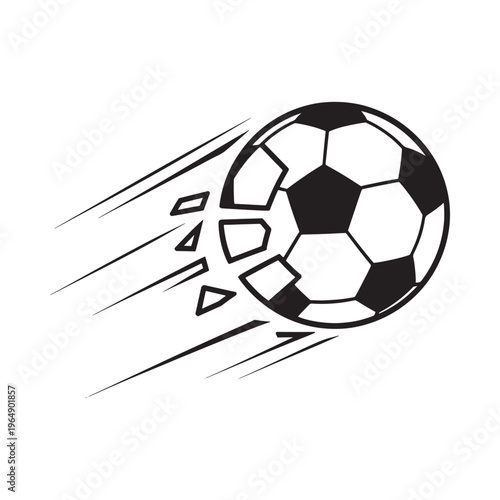 A black and white illustration depicts a soccer ball in motion appearing to break apart as it flies