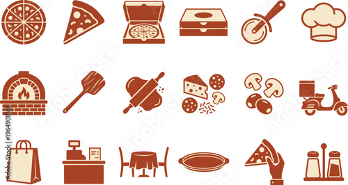 Set of charming, stylized icons representing the essential elements of an authentic pizza business.