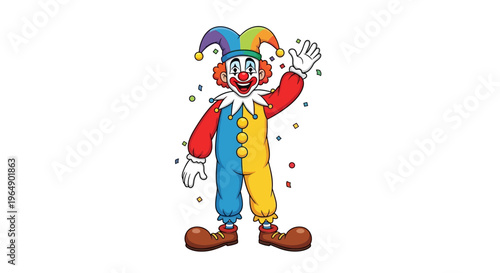 A colorful clown character waves in a playful April Fools' Day illustration with confetti, symbolizing fun and pranks for kids content and celebrations