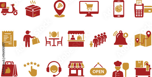 A comprehensive collection of modern digital icons representing food delivery, online shopping, and restaurant services.