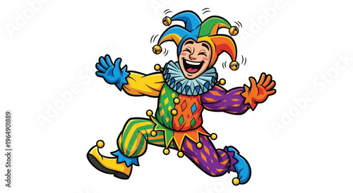 A colorful jester character with a joyful expression jumping playfully against a clean white background with a fun and lively mood
