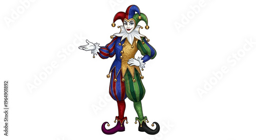 A colorful jester character with a playful gesture, wearing a vibrant costume with a mix of red, blue, green, and yellow hues, against a clean white background