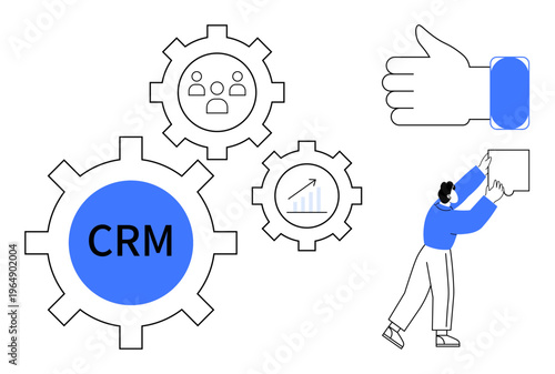 CRM concept. CRM tools ed by gears, user icon, and growth chart. CRM enhances business efficiency and customer management. Ideal for teamwork, systems, digital workflows, analysis collaboration