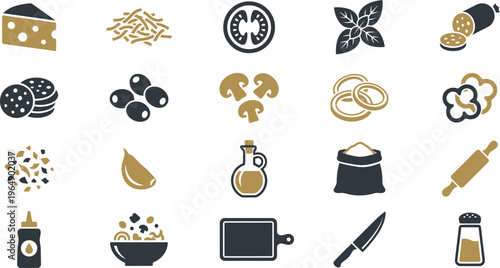 Collection of stylized cooking ingredient icons including cheese, meats, vegetables, and kitchen tools
