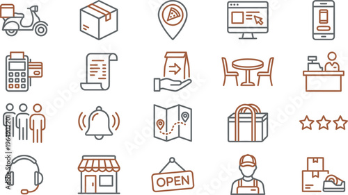 Collection of line art icons representing food delivery service logistics ordering and customer experience.