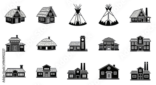 Vintage House Illustrations: Diverse Architectural Styles Collection