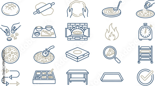 A comprehensive collection of modern outline icons illustrating the entire pizza making process.