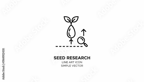 Seed Research Line Art Icon: Plant Growth, Magnifying Glass, Scientific Analysis
