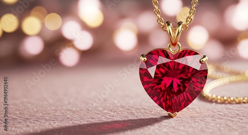 Red heart ruby gold necklace pendant resting on a textured surface with soft bokeh light circles for romantic jewelry gift and luxury fashion