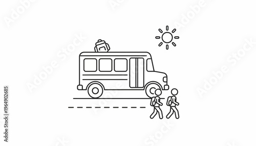 School bus with children and backpacks on sunny day, back to school concept