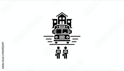 School Bus Transporting Students to Building with Children Standing Outside