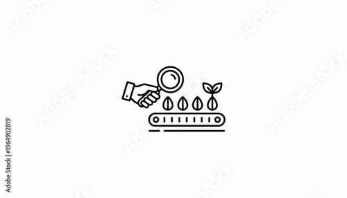 Seed inspection with magnifying glass on conveyor belt, plant growth concept