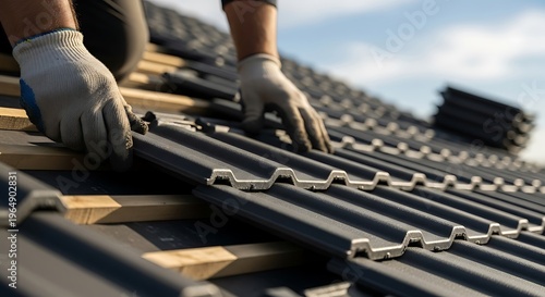 Installing protective roofing tiles with professional precision by roofer