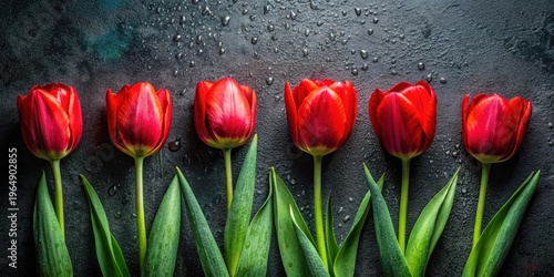 Vibrant Red Tulips Arranged in a Row on Dark Wet Surface with Dew Drops