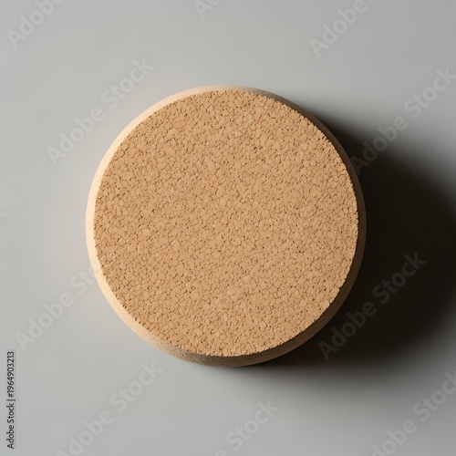 Minimalist cork circle on smooth gray background, clean and uncluttered