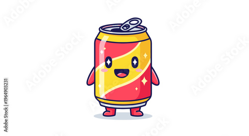 Cute Kawaii Soda Can Character with Happy Face - Vector Illustration