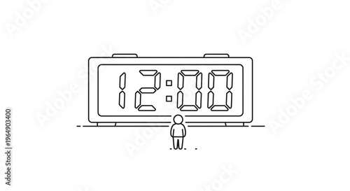 Minimalist line art illustration of a person standing before a large digital clock displaying