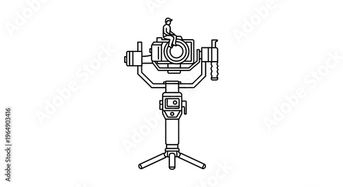 Minimalist line art illustration of a camera gimbal with a small figure embodying creative vision