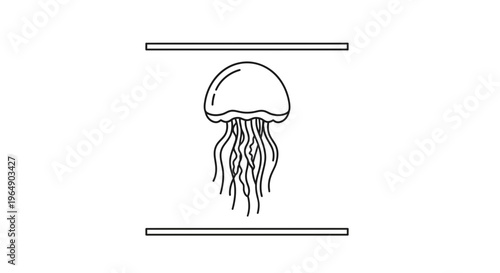 Minimalist black and white outline illustration of a gracefully floating marine jellyfish creature