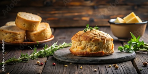 Golden-brown baked goods, freshly made and served on a rustic wooden table with herbs and butter