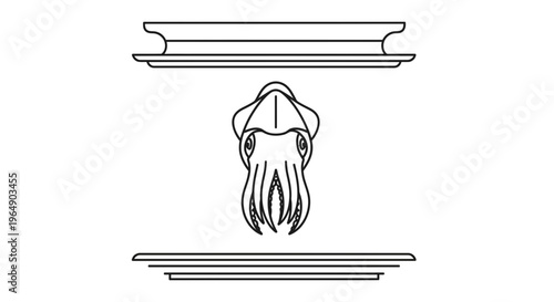 Elegant Black and White Outline Drawing of a Squid with Symmetrical Accents for Design