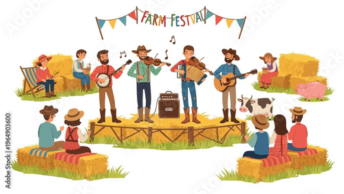 Farm Festival Musicians Playing Instruments on Stage.