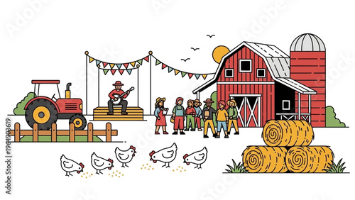 Farm Scene with Tractor and Barn.