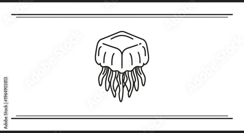 Minimalist black and white line art illustration of a graceful box jellyfish swimming in abstract