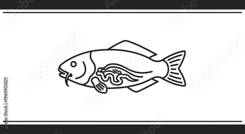 Minimalist black line art illustration of a fish with an intricate abstract internal pattern design