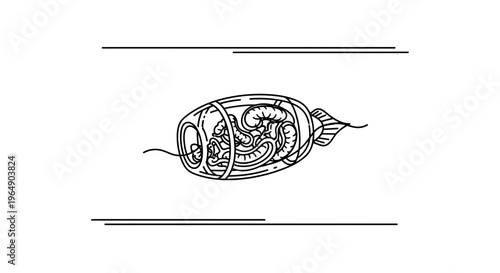 Conceptual monoline illustration of an intricate organic structure within a contained vessel