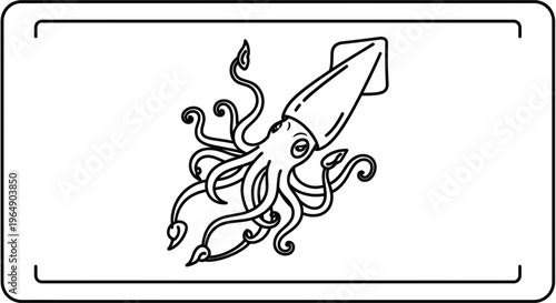 Stylized minimalist line art illustration of a dynamic marine squid creature outline graphic