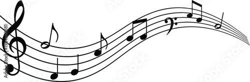 hand-drawn black musical notes flowing on white staff lines illustration