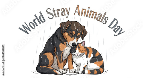 Illustration of a dog and cat huddled together under rain, promoting World Stray Animals Day awareness with a heartwarming and protective mood.