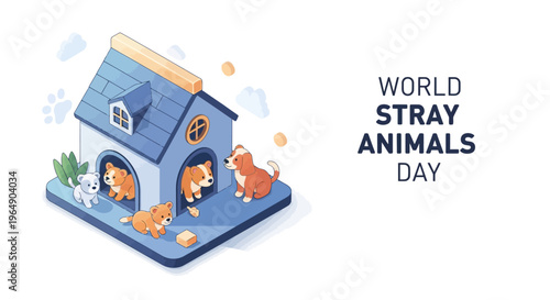 Illustration of World Stray Animals Day design with cartoon dogs and cats around a shelter house on a white background, promoting animal rescue awareness and welfare concept.