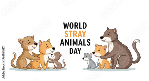 Illustration of dogs and cats together for World Stray Animals Day awareness campaign with a white background.
