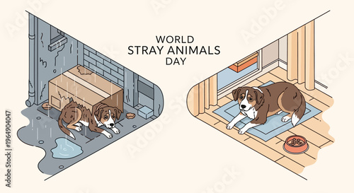 Illustration of stray animals in different environments for World Stray Animals Day design and awareness campaign with a protective mood.