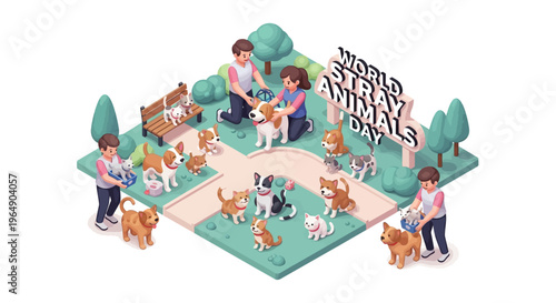 Isometric illustration of people interacting with stray dogs in a park on World Stray Animals Day with a sign promoting awareness and protection.
